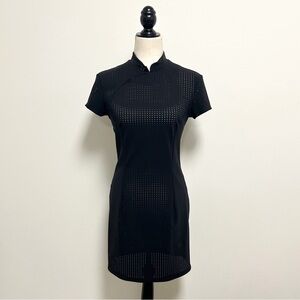 Marcia Black Circular Perforated See Through Short Sleeve High Neck Sheath Dress